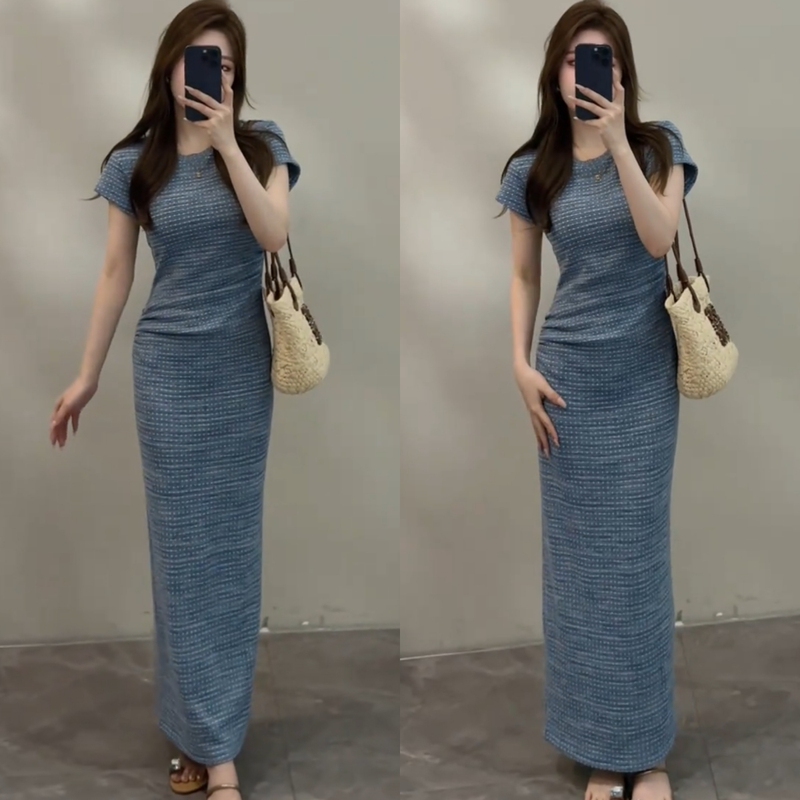 Summer New Design Pleated Waist-Slimming Short-Sleeved Dress for Women, Very Stylish and Versatile Mid-Length Dress