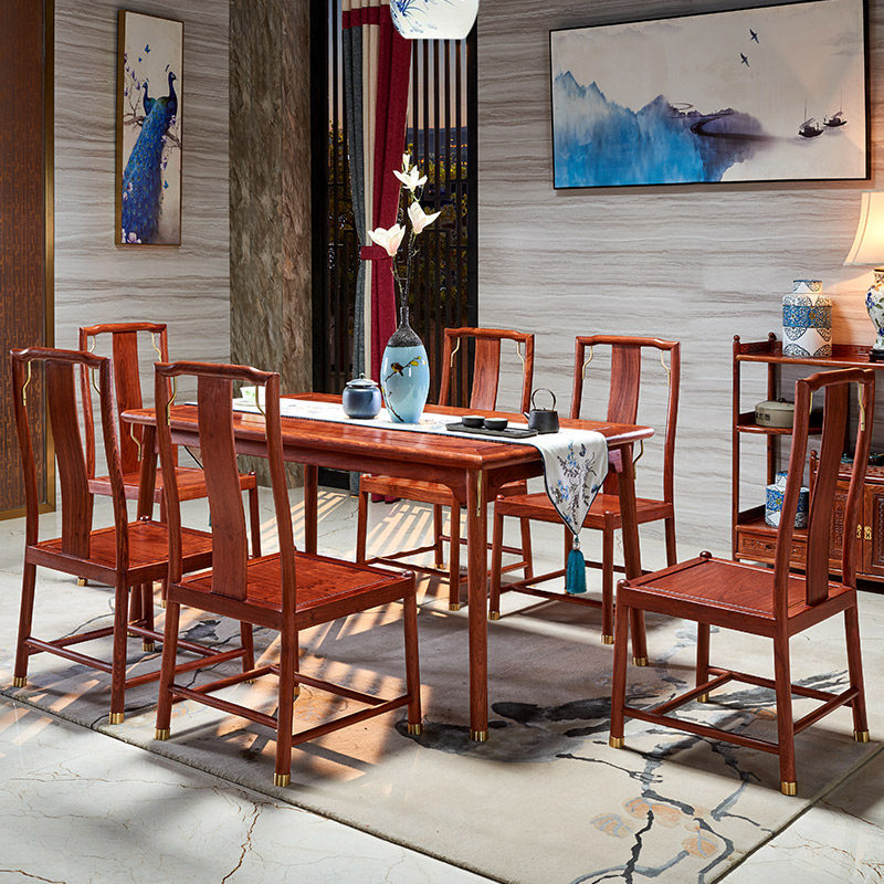 Mahogany dining table and chair combination dining room furniture new Chinese-style solid wood antique dining table rosewood rice table one table and six chairs