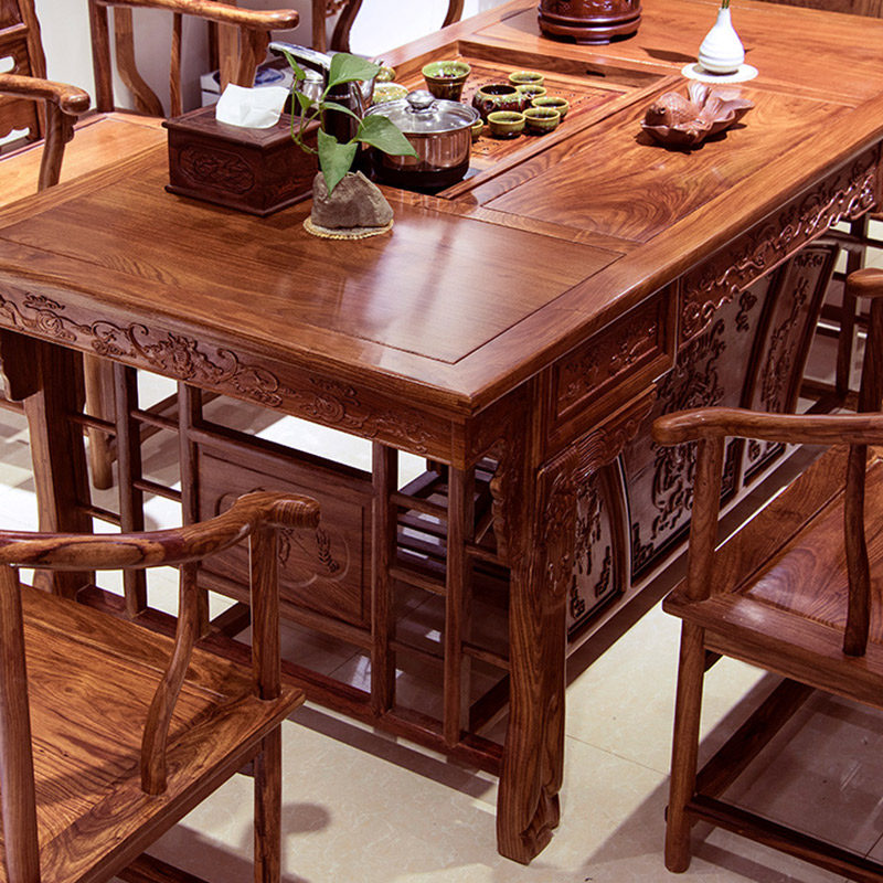 Solid wood tea table chair combined living room red wood furniture in Chinese style tea table whole set tea art table flower pear Muqigfu tea a few
