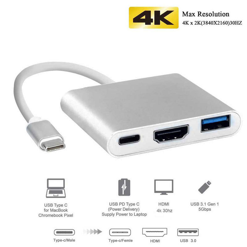Type-C to HDMI 3in1 Adapter Hdmi+Usb 3.0+Type-C (Pd) Adapter