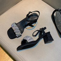 Uncle MJ Fashion Sandals Womens Thick Heel Summer New Rhinestone Square Toe Open Toe Versatile Strap High Heels