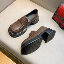 Uncle MJ thick heel comfortable shoes for women new round toe all-match casual loafers Korean style deep mouth small leather shoes