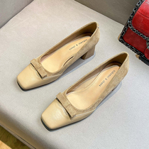 Uncle MJ Suede Splicing Single Shoes for Women New Square Toe Retro Versatile Shallow Mouth Thick Heels Not Tiring Feet Grandma Shoes