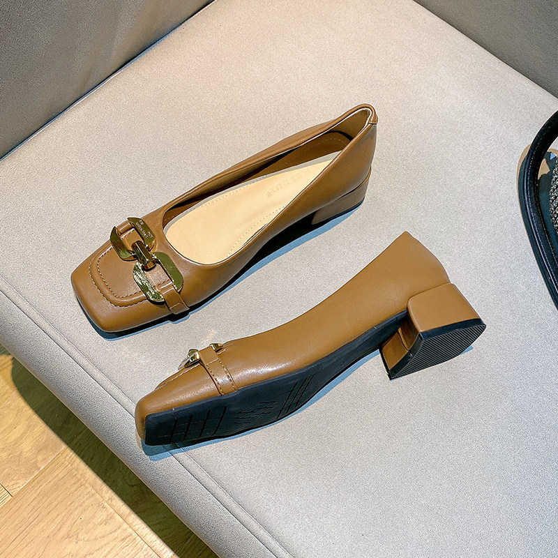 Uncle MJ metal buckle square head retro single shoe woman new Jane about shallow mouth 100 lap low heel and grandma shoes