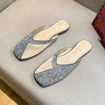 Uncle MJ Internet celebrity rhinestone toe half slippers for women summer new mesh transparent fashion versatile flat slippers
