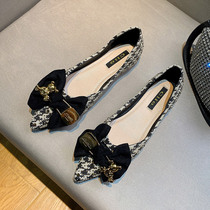 Uncle MJ little girl style bow shoes new houndstooth stylish pointed toe shallow mouth versatile flat shoes