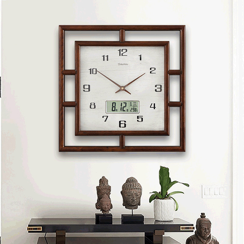 Hongjie solid wood New Chinese style hanging clock Wanyear calendar Xuanguan watches and watch square living room hanging wall Classical muted large number clock