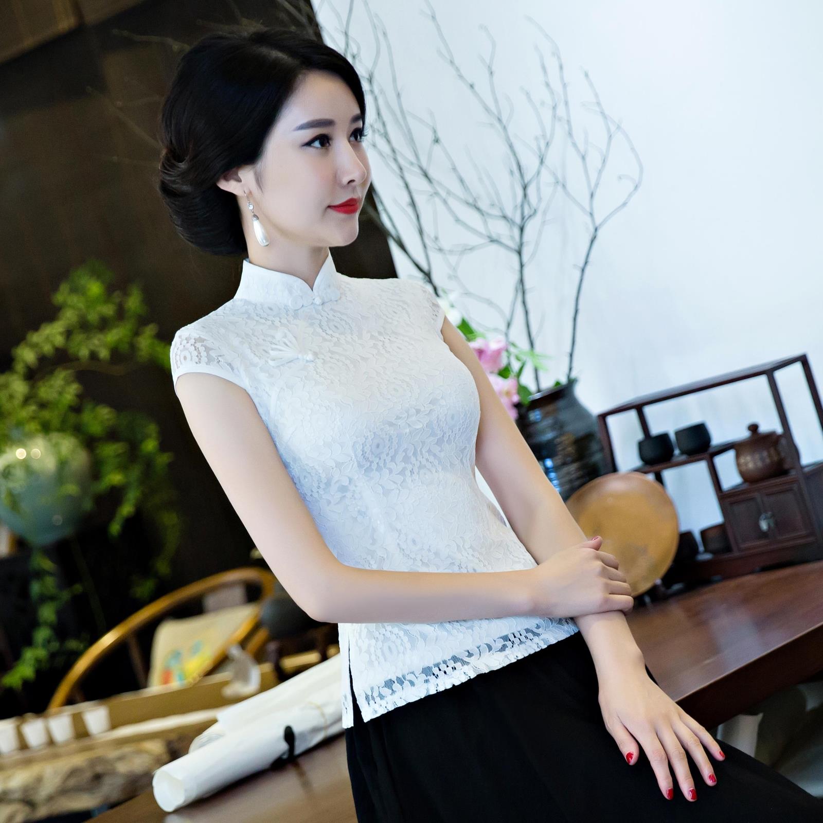 Ren sườn xám cải thiện thời trang đầu tay áo ngắn mỏng màu đen Tang ăn mặc của Trung Quốc gió retro phù hợp với mùa hè
