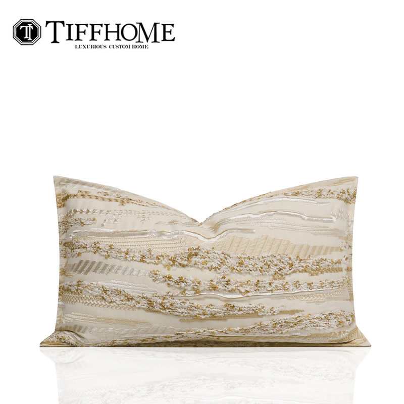 Tiff Home Wabi-Sabi Old Money Style Bed Decorative Lumbar Pillow Champagne Gold Cut Velvet Throw Pillow Living Room Sofa Lumbar Cushion Cover
