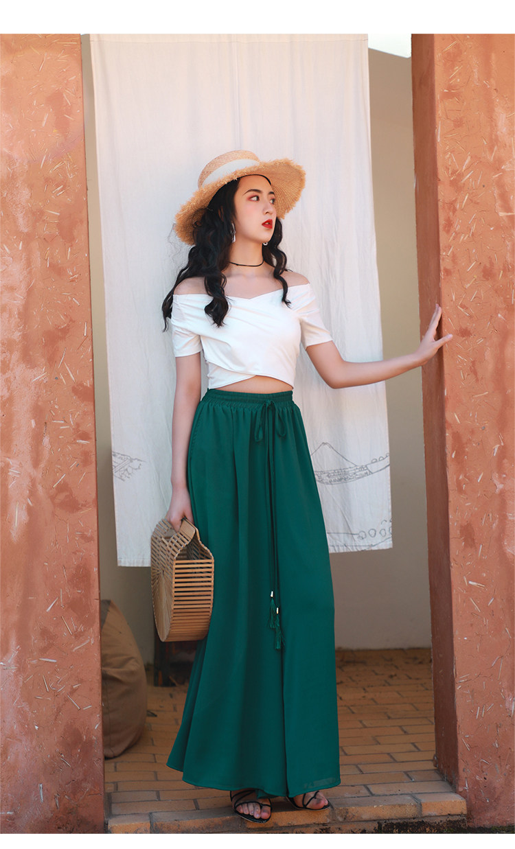 VK旗艦店 韓系雪紡休閒寬鬆高腰寬口褲度假風單品長褲