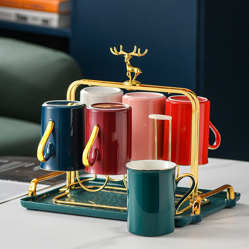 Light Luxury Nordic Drinking Cup, Ceramic Household Water Cup, Tea Cup, 6 Pieces, One Color Per Person, Living Room Tea Set with Stand, Gift Set