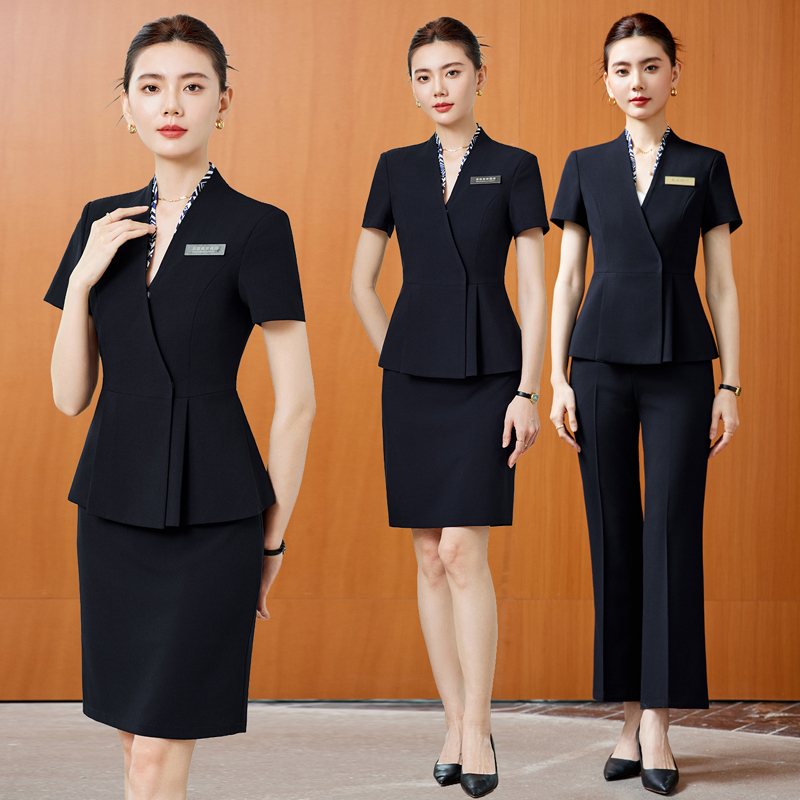 Collarless Black Short-Sleeved Suit Skirt for Women, Summer Professional Wear, Waist-Cinching Work Uniform Suit, Hotel Front Desk Suit Jacket Collarless Black Short-Sleeved Suit Skirt for Women, Summer Professional Wear, Waist-Cinching Work Uniform Suit, Hotel Front Desk Suit Jacket