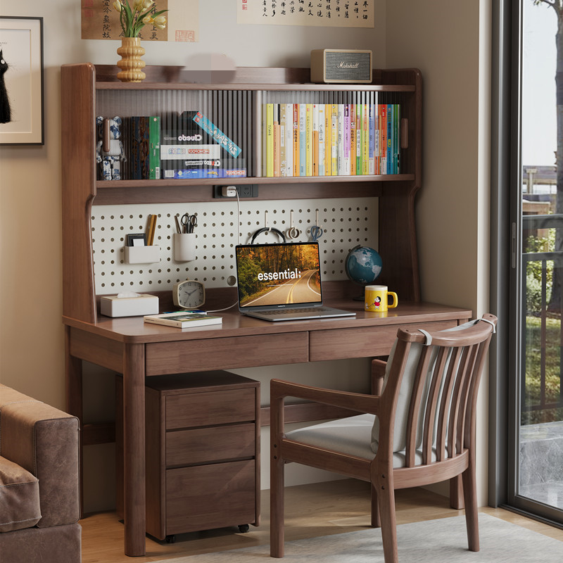 Solid Wood Desk with Bookshelf Integrated Desk with Pegboard Simple Home Student Study Desk Writing Desk Office Computer Desk