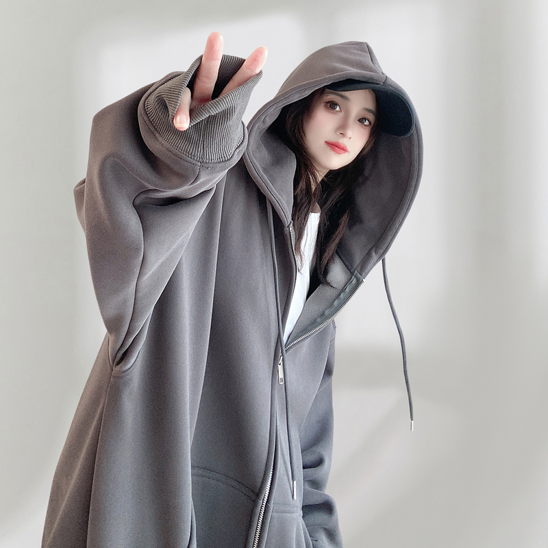 Fleece-Lined Thick Zip-Up Sweatshirt Cardigan Hooded Jacket for Women Oversize Mid-Length Covers the Buttocks Autumn and Winter Dark Gray Fleece-Lined Thick Zip-Up Sweatshirt Cardigan Hooded Jacket for Women Oversize Mid-Length Covers the Buttocks Autumn and Winter Dark Gray