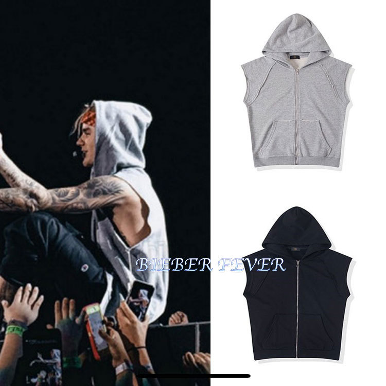 Justin Bieber's Same Style as Justin Bieber's Purpose Tour Sleeveless Drop-Shoulder Hoodie Cardigan Sweatshirt