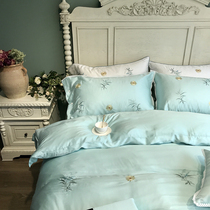 High end 100%80 bifacial sky silk four pieces of set yard garden small fresh embroidery silk sliding naked sleep 1 8m bed goods
