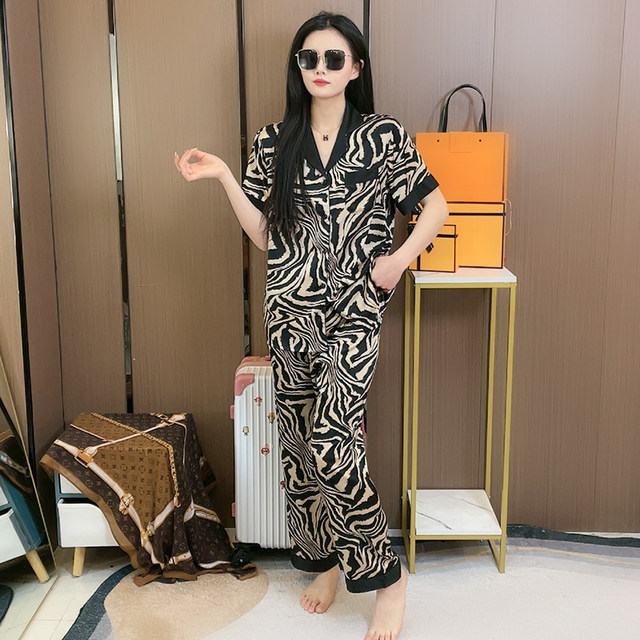 Pajamas summer women's ice silk leopard print home clothes set three-piece 2024 new spring and autumn high-end suit men's suit