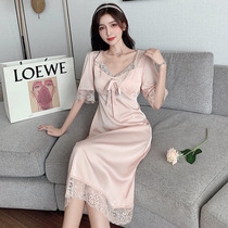 Sexy Sleeping Dress Woman Summer New Short Sleeve Teenage Girl Lace Ice in a long style pyjamas home dress home suit with chest cushion sleeping robe