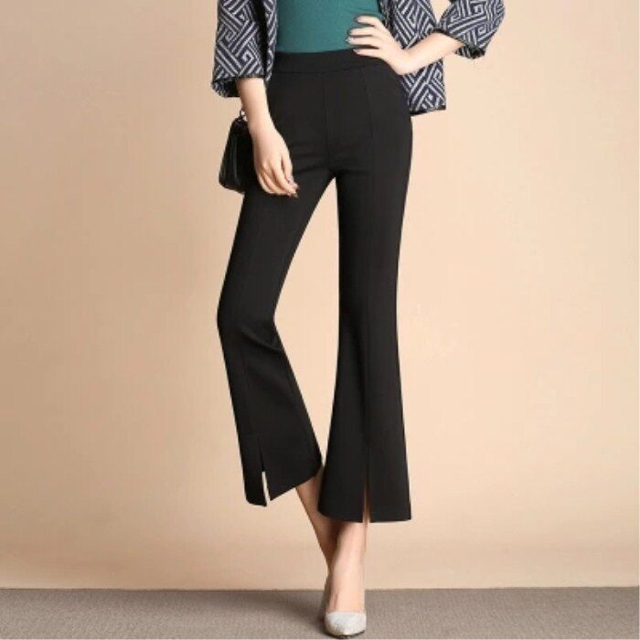 Autumn and winter new casual pants women's flared pants slim fit large size elastic elastic waist wide leg nine points micro flared pants