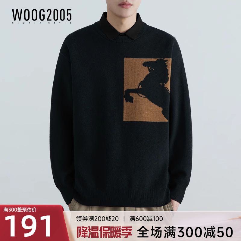 WOOG2005 shirt collar fake two black sweater men's 2023 autumn winter new micro loose jacquard knit-weaters-Taobao