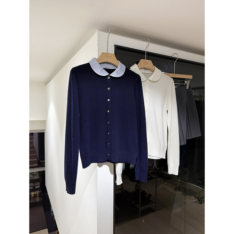 Peter Pan Satin Doll Collar Detachable 100% Sheep Wool Single-Breasted Long-Sleeve Age-Reducing Short Sweater Coat