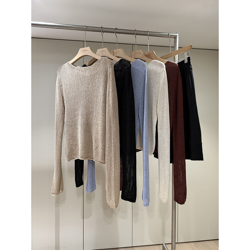Woven Grass-Like Round Neck Hollow-Out Breathable Washi Yarn Long-Sleeve Knit Top Cover-Up