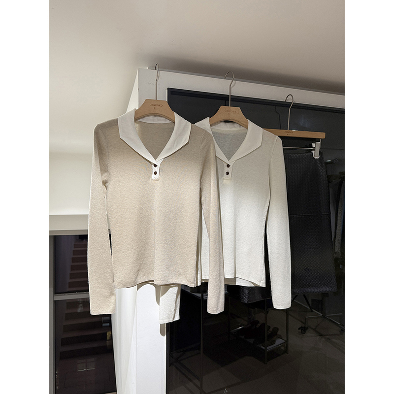 Linen Collar, Linen Material Spliced with White Collar, Wool Blend Slim-Fit Polo Collar Long-Sleeve Knitwear