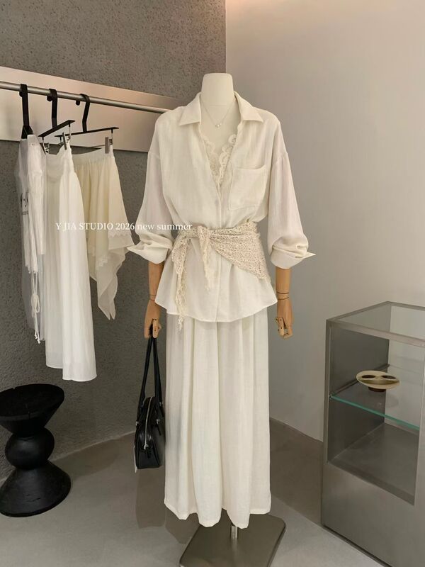 Y.Jia Spring and Summer Niche Linen Lace Patchwork V-Neck Shirt + Elastic Waist Casual Pants Set with Silk Scarf
