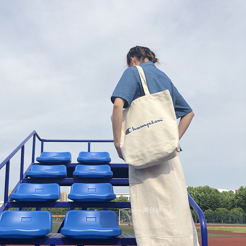 日韩ins超火单肩冠军帆布包大C手提购物袋潮流