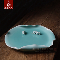 Li Zhens pure handmade elephant folding plate Longquan celadon potential collection of high-grade porcelain home living room decoration