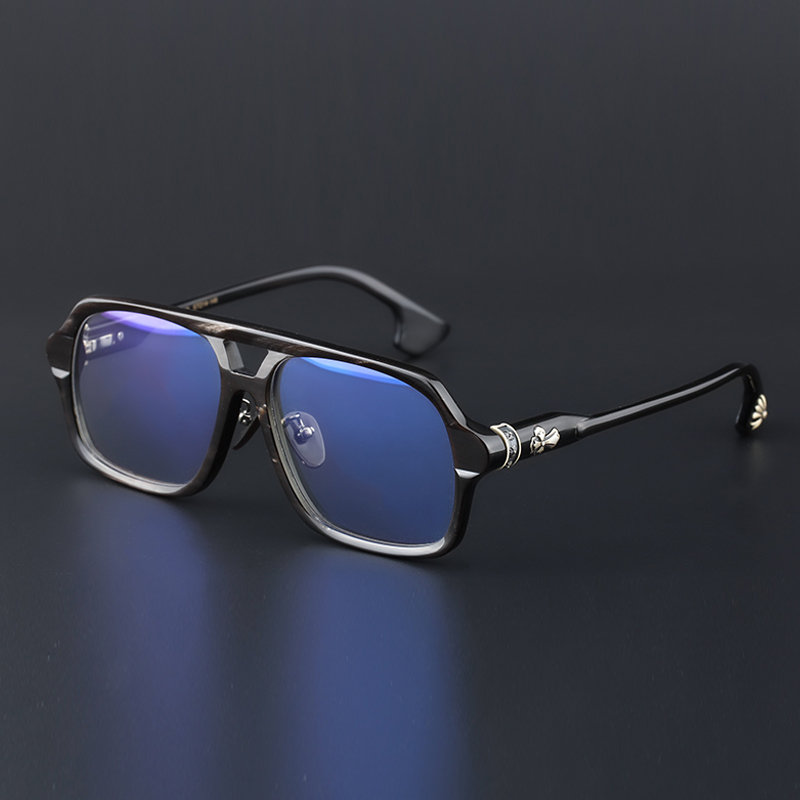 Double-Beam Horn Glasses for Nearsightedness, Men's Horn Eyeglass Frames with Prescription Lenses, Black Frame for Large Faces, 925 Silver 1187
