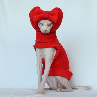 Hairless cat Sphink red bow vest Fleece warm pet clothing, cat anti-shedding and anti-shedding clothes