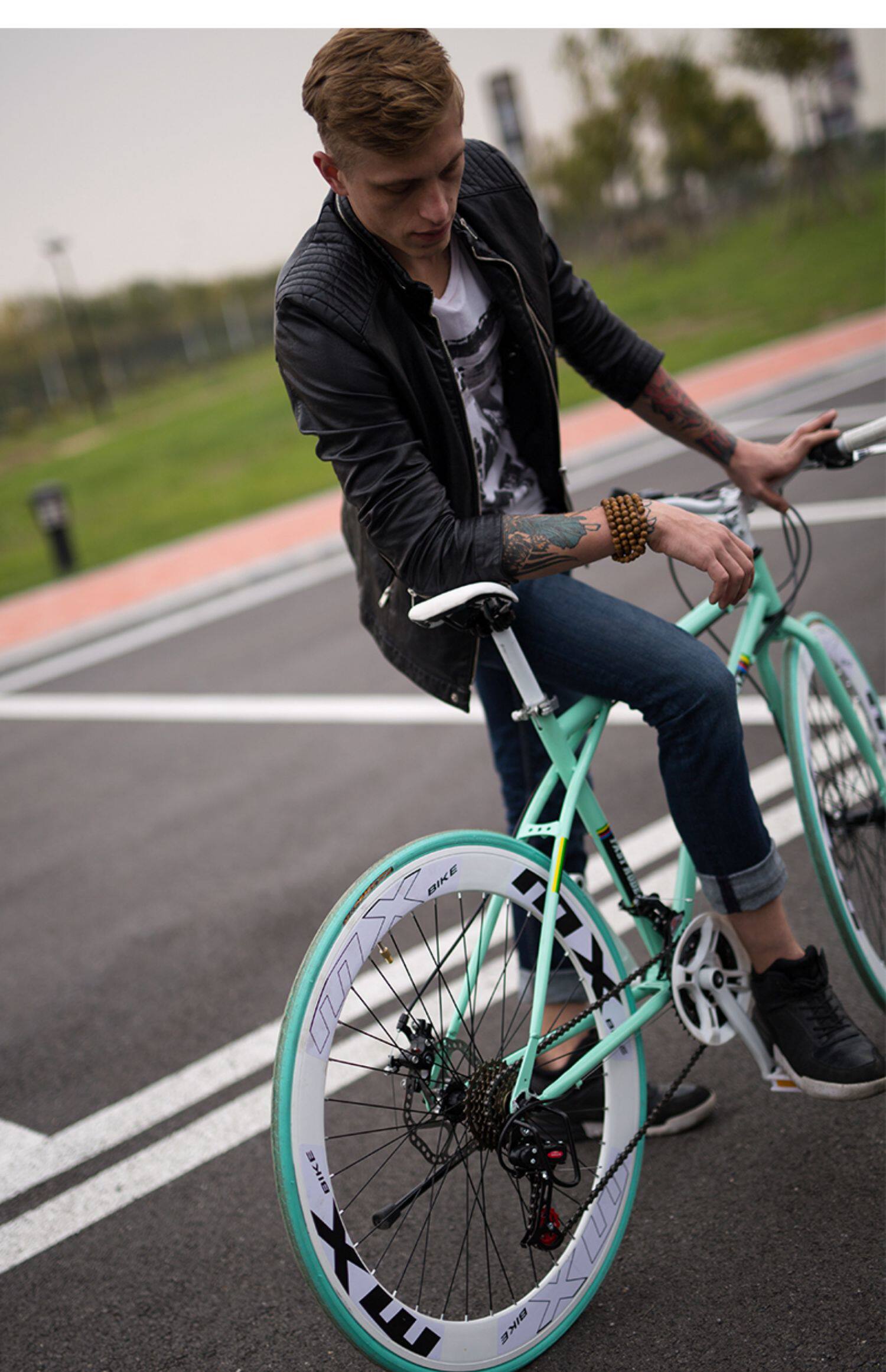 Велосипед с глухой передачей 死飞变速自行车实心胎活飞网红单车双碟刹公路赛成年学生成人男女 Xiao Yun