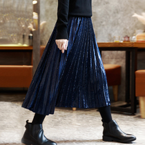 Gold velvet skirt autumn and winter womens high waist A-line skirt 2021 medium and long winter skirt Velvet skirt pleated skirt