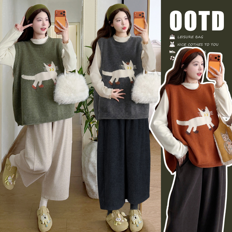 Trendy Maternity Wear for Autumn and Winter, Top and Pants Outfit, Layered Cat Vest Set, 2026 New Style Trendy Maternity Wear for Autumn and Winter, Top and Pants Outfit, Layered Cat Vest Set, 2026 New Style
