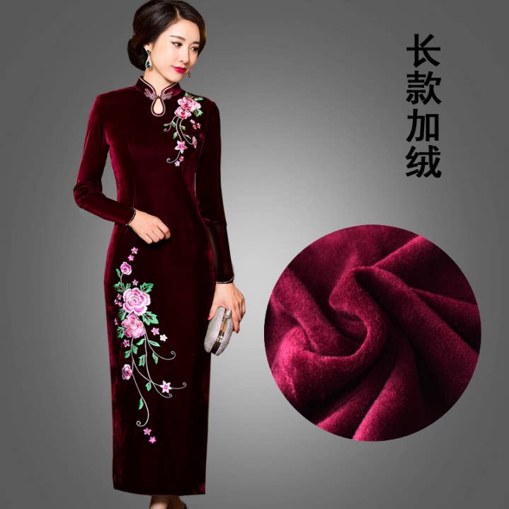 2021 winter qipao thicken plus suede gold velvet embroidered embroidered middle aged mother gown with long sleeve long version warm woman