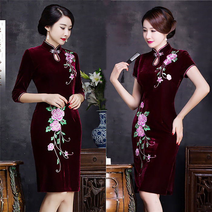 Upscale gold velvet qipao small submom wedding wedding gown wedding gown with mother-in-law Daily embroidered with don'ts