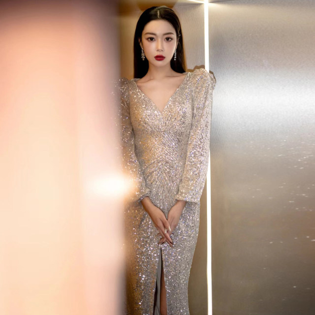 Silver sequined evening dress temperament long-sleeved light luxury niche high-end sense annual meeting host fishtail toast suit bride