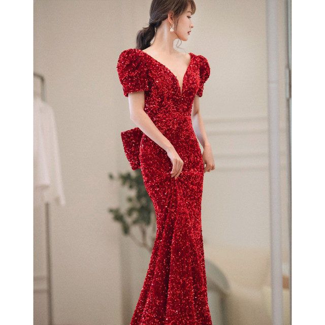 Toast clothing bride 2022 new red temperament high-quality sequin fishtail engagement wedding host evening dress skirt