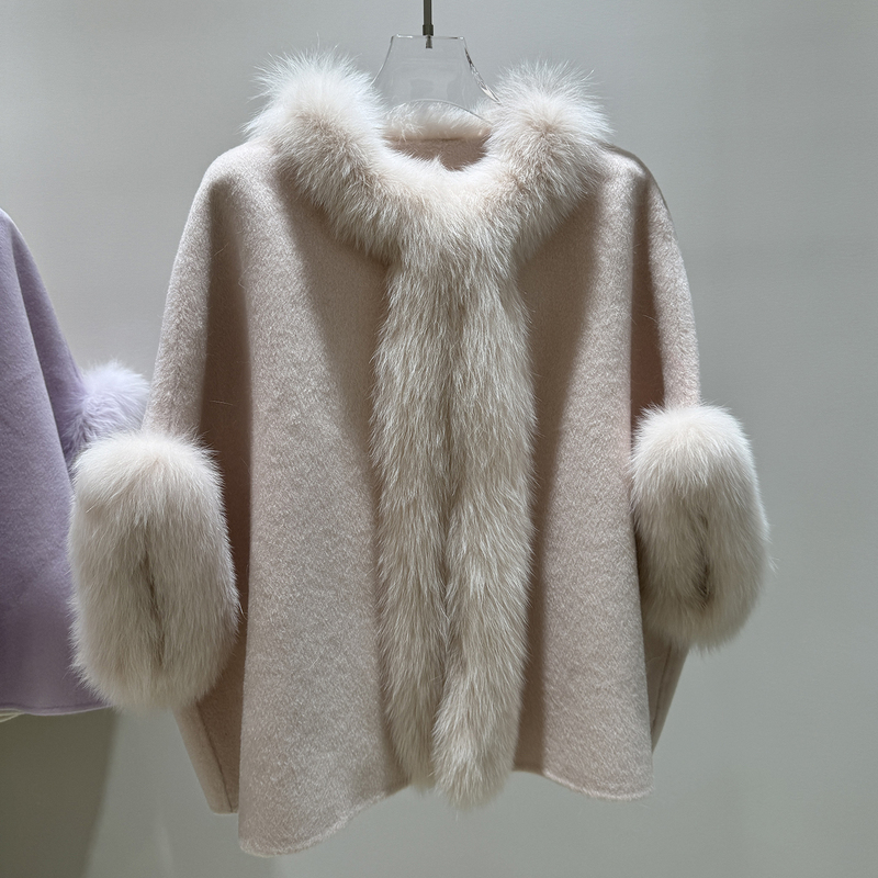 2025 Autumn/Winter New Collection: Cape Coat, Double-Sided Wool, Fox Fur Coat, Autumn/Winter Elegant Socialite Short Style