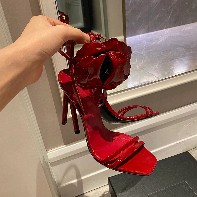 New Red Rose High Heels Square Toe Strap Open Toe Stiletto Sandals Black Sexy Patent Leather Hollow Sandals