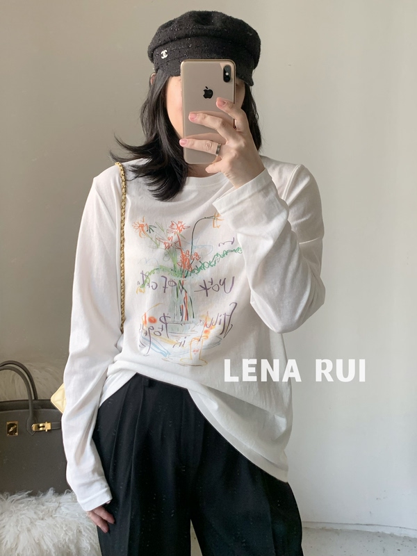 Lena Rui Lena's Private Clothing 2026 Spring Colorful Graffiti Round Neck Long-Sleeved T-Shirt for Women