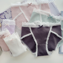 Spring Summer Breathable Lace Side Cotton Medium Waist Underpants Female Sweet base Baby Cotton Pro-Skin Triangle Pants