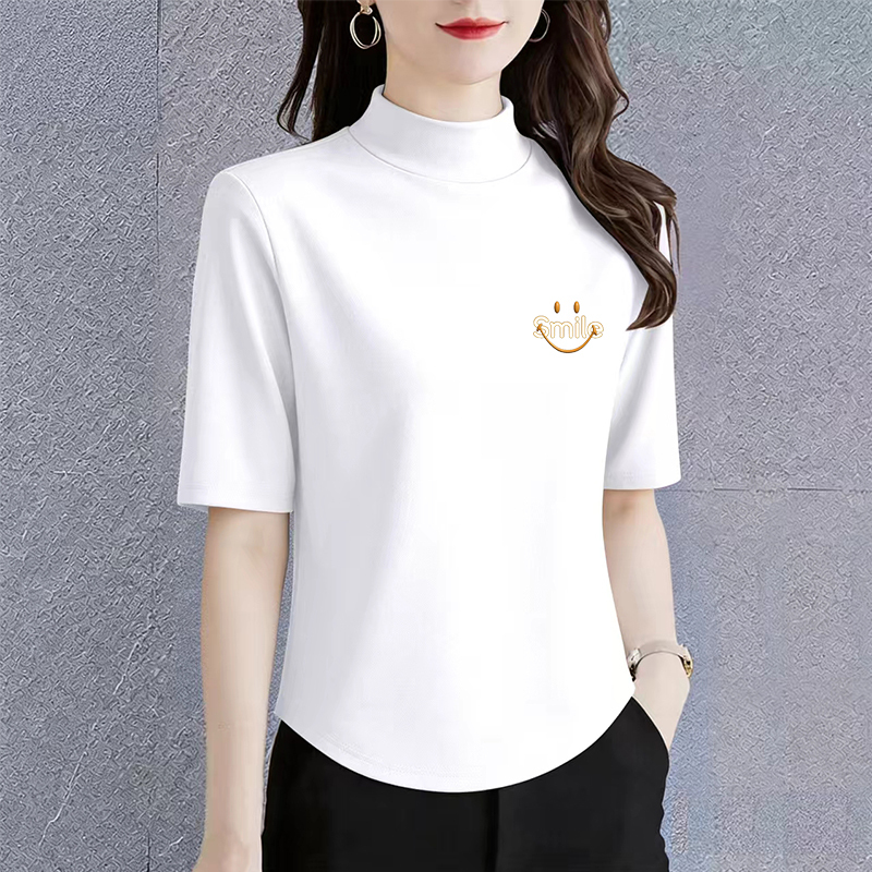Pure Cotton Simple High-Neck Half-Sleeve T-Shirt for Women, White with Smiley Face Print, Loose Fit, Slimming, Versatile, Age-Reducing Top, Short Sleeve