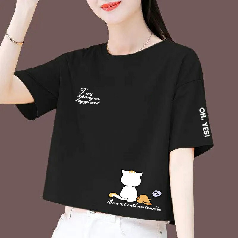 100% Pure Cotton Short-Sleeved T-Shirt for Women 2025 Summer New Style Short Top Loose Slimming Look T-Shirt for Small People Casual