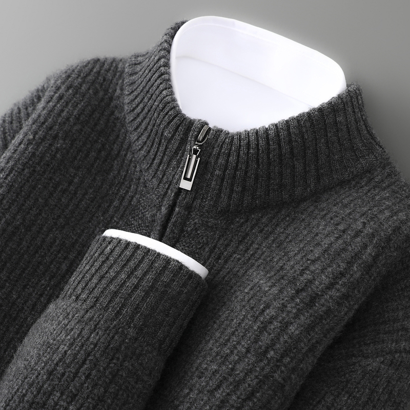 High-End New 100% Pure Wool Cardigan for Men, Half-High Collar, Thick Sweater, Cable Knit, Zipper, Loose Cashmere Coat