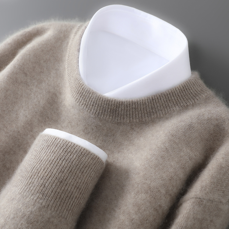New Autumn and Winter Wool Sweater for Men, 100% Pure Wool, Round Neck Pullover, Loose Large Size Knitted Base Layer Cashmere Sweater