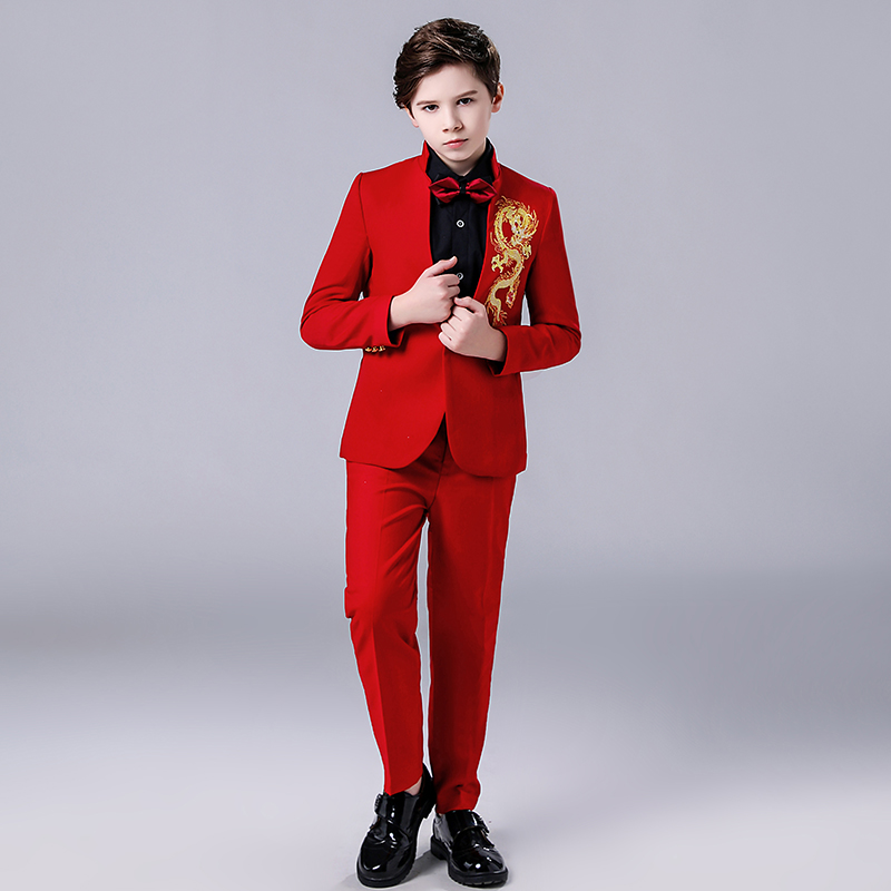 Children's small suit suit handsome red dragon embroidery boy dress model catwalk piano costume host