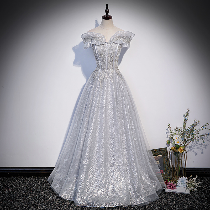 Gray Evening Dress for Women, Elegant French Style, Light Luxury, High-End Feel, Suitable for Hostess, Vocal Solo, and Talent Show, Off-The-Shoulder