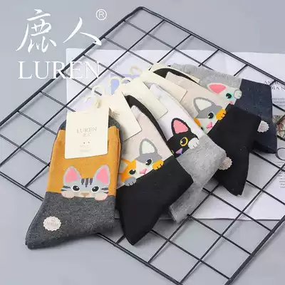 Deer people women's socks mid-tube cute cartoon autumn and winter thick college style high-tube women's cotton socks women 5 pairs 3003